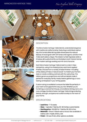download the tear sheet for our Manchester Heritage Table tear sheet