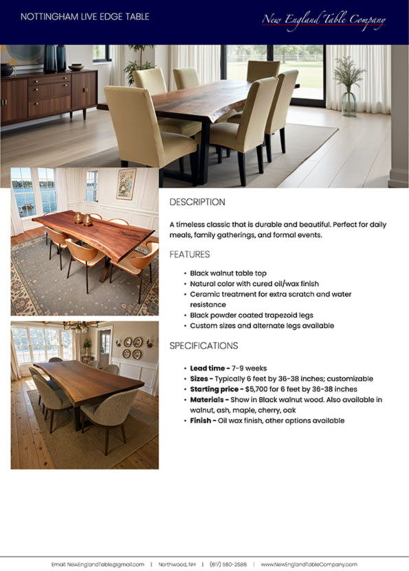 download the tear sheet for our Nottingham Live Edge Table tear sheet