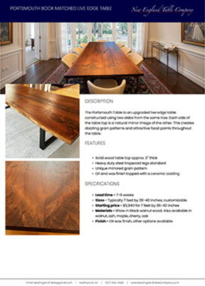 download the tear sheet for our Portsmouth Book Matched Live Edge Table tear sheet