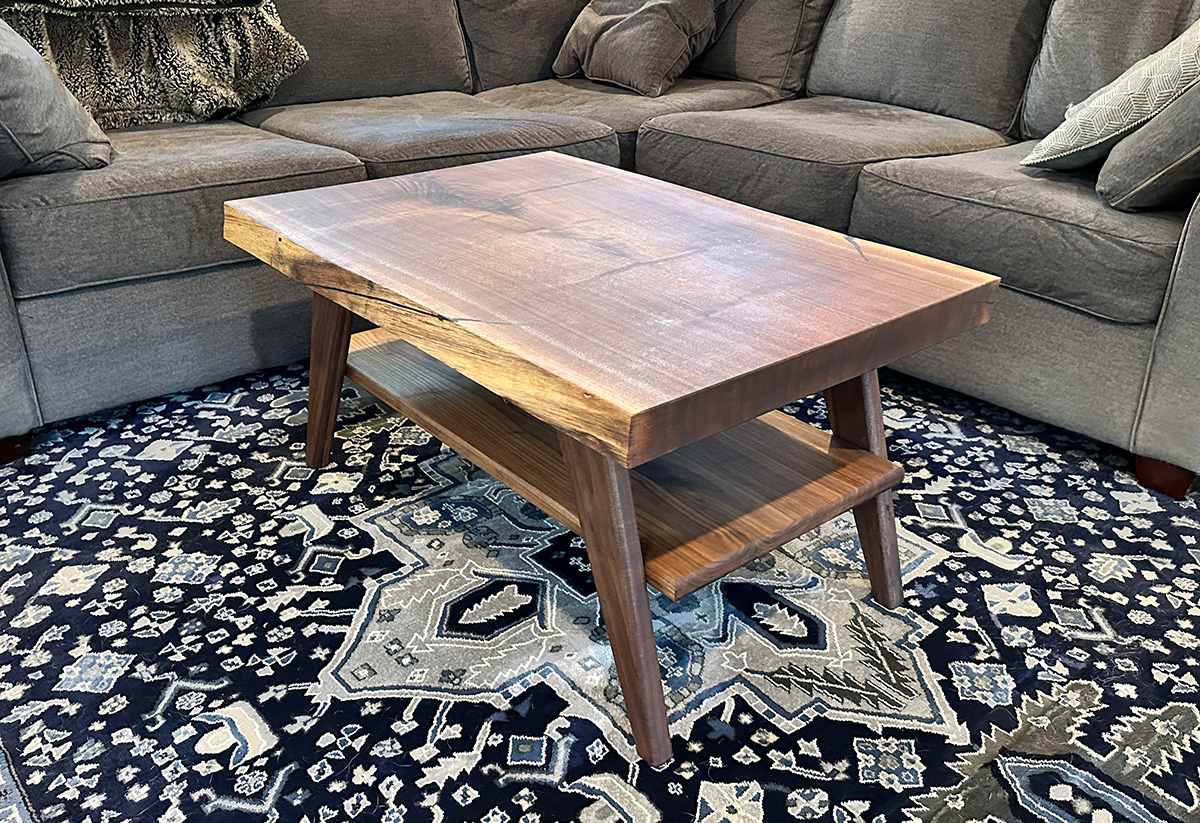 custom furniture : Live edge coffee table with a shelf