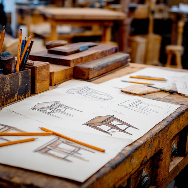 drawings on a workbench