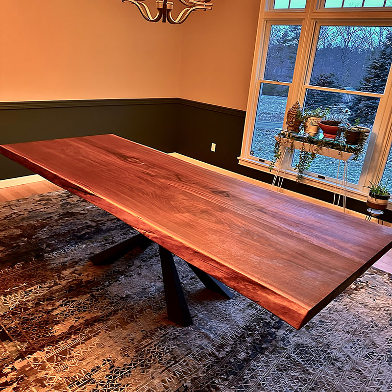 Custom live edge table for hosting Christmas in Maine