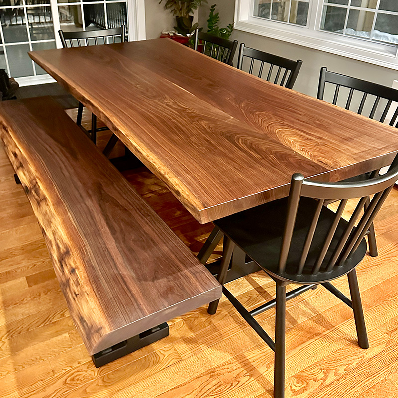 Live edge black walnut with bench — handcrafted Black Walnut table by New England Table Company
