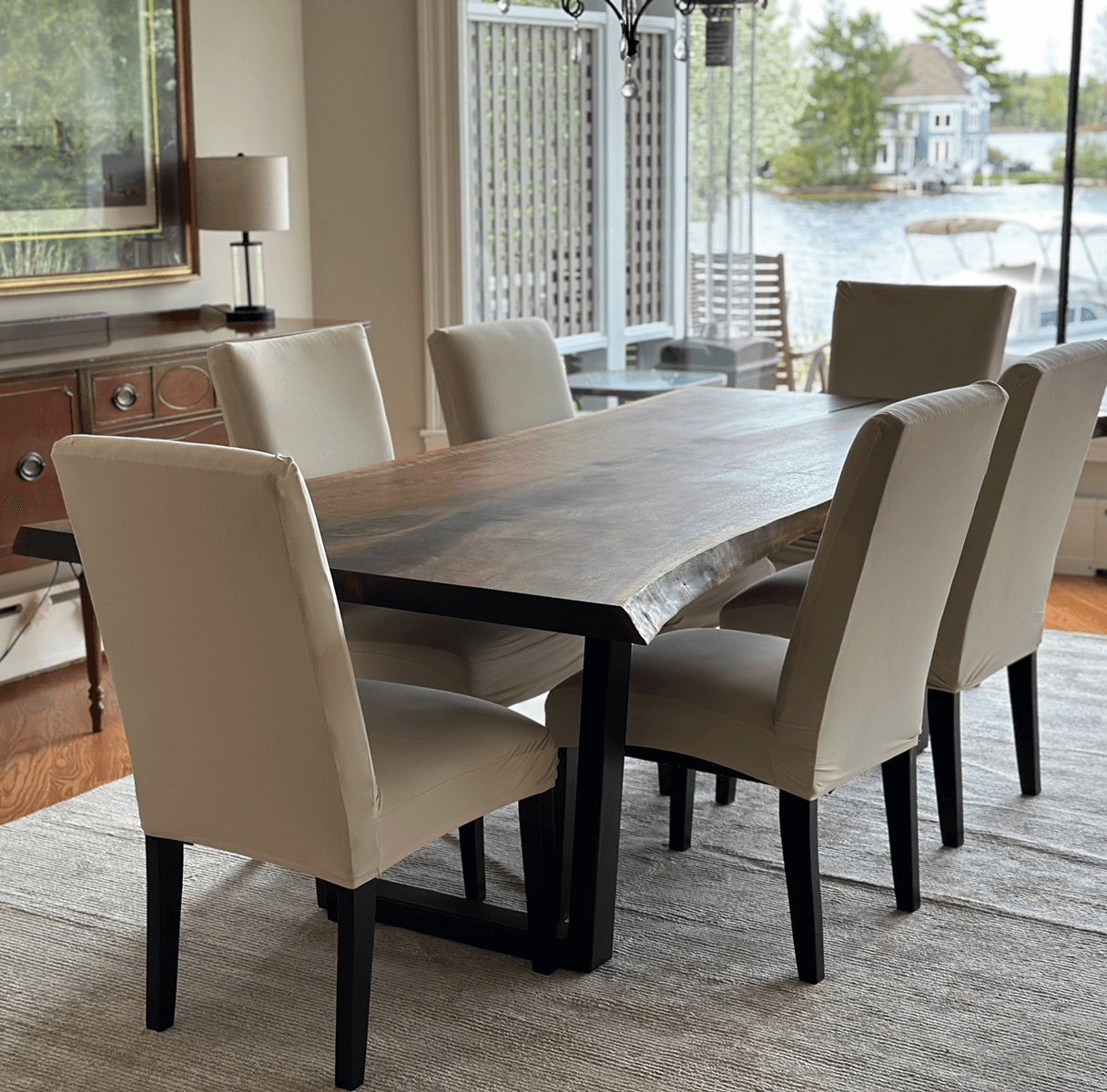 custom furniture : Live edge black walnut dining table at the lake
